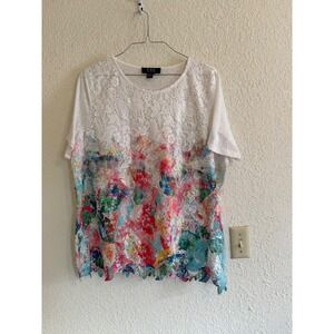 FDJ French Dressing Jeans Top Womens XL White Floral Lace Watercolor Mixed Media